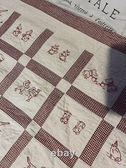 Antique Red Work Animals Baby Child Quilt Hand Embroidery Date 1928 48x54