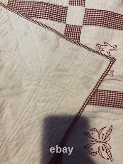 Antique Red Work Animals Baby Child Quilt Hand Embroidery Date 1928 48x54