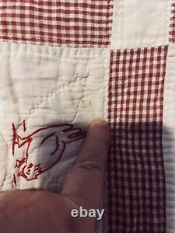 Antique Red Work Animals Baby Child Quilt Hand Embroidery Date 1928 48x54