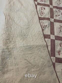 Antique Red Work Animals Baby Child Quilt Hand Embroidery Date 1928 48x54