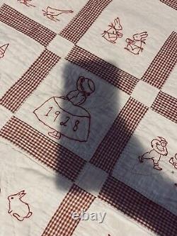 Antique Red Work Animals Baby Child Quilt Hand Embroidery Date 1928 48x54