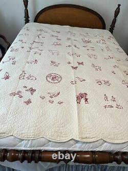 Antique Redwork Turkey Red Embroidered 1919 Quilt Red & White Hand Quilted