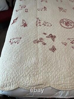 Antique Redwork Turkey Red Embroidered 1919 Quilt Red & White Hand Quilted