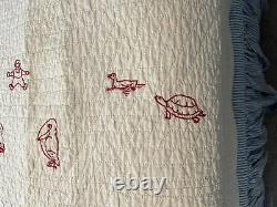 Antique Redwork Turkey Red Embroidered 1919 Quilt Red & White Hand Quilted