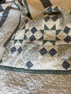 Antique STAR Block Quilt Blue White Feedsack 1940s Hand Sewn 78 X 82 Twin/Full