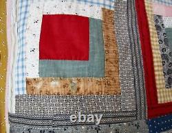 Antique Shirting & Calicos Old Log Cabin Sunshine & Shadow 1900's Quilt 90x90