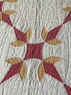 Antique Turkey Tracks Patchwork Pattern Handmade Quilt Gold Red White 81 X 92