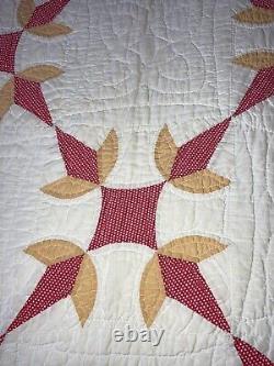 Antique Turkey Tracks Patchwork Pattern Handmade Quilt Gold Red White 81 X 92