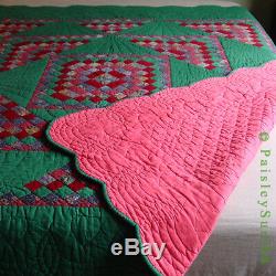 Antique VTG QUILT Green Pink Fans Sunrise Hearts Scalloped Edges Handmade 78x81