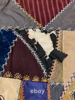 Antique Victorian Hand Embroidered Crazy Quilt Signed & Dated 1898! Silk Velvet