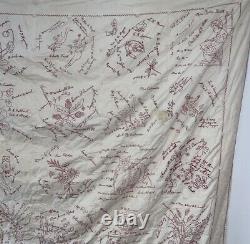 Antique Victorian Hand Embroidered Red Work Pictorial Signature/Friendship Quilt