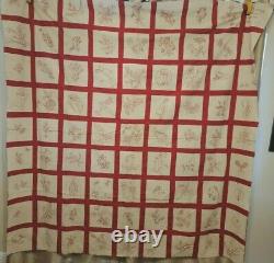 Antique Vintage 1891 Quilt Top Red & White Redwork Embroidered Squares (81) RARE