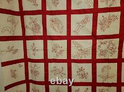 Antique Vintage 1891 Quilt Top Red & White Redwork Embroidered Squares (81) RARE