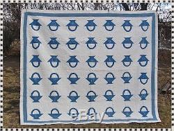 Antique Vintage 1919 Blue Basket Quilt 72 x 82 All Handmade Hand Sewn Quilted