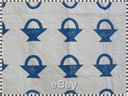 Antique Vintage 1919 Blue Basket Quilt 72 x 82 All Handmade Hand Sewn Quilted