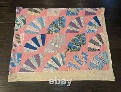 Antique Vintage 1930s Grandmothers Fan Feedsack Patchwork Handmade Quilt 78 x 63