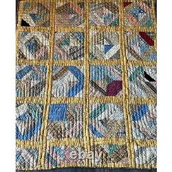 Antique Vintage 1930s Strip Scrappy Hand Quilted Quilt Handmade 70 x 62