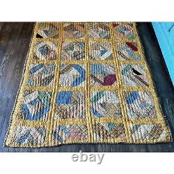 Antique Vintage 1930s Strip Scrappy Hand Quilted Quilt Handmade 70 x 62