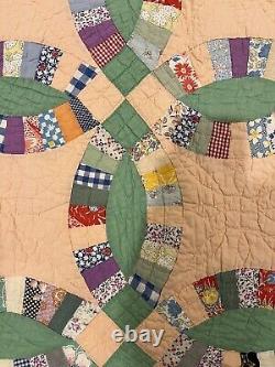 Antique Vintage DOUBLE WEDDING RING QUILT 1920's hand pieced & quilted 78 x 64