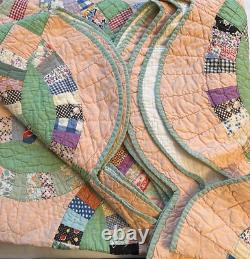 Antique Vintage DOUBLE WEDDING RING QUILT 1920's hand pieced & quilted 78 x 64