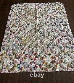 Antique Vintage Double Wedding Ring Quilt Handstitched 84 x 76 Feed Sack Fabric