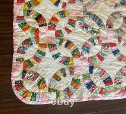 Antique Vintage Double Wedding Ring Quilt Handstitched 84 x 76 Feed Sack Fabric