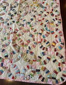 Antique Vintage Double Wedding Ring Quilt Handstitched 84 x 76 Feed Sack Fabric