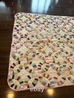 Antique Vintage Double Wedding Ring Quilt Handstitched 84 x 76 Feed Sack Fabric