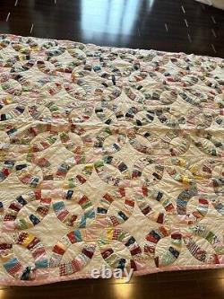 Antique Vintage Double Wedding Ring Quilt Handstitched 84 x 76 Feed Sack Fabric