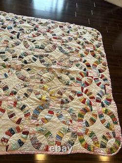 Antique Vintage Double Wedding Ring Quilt Handstitched 84 x 76 Feed Sack Fabric