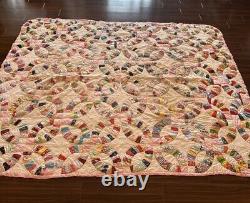 Antique Vintage Double Wedding Ring Quilt Handstitched 84 x 76 Feed Sack Fabric