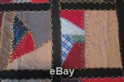 Antique Vintage Early Handmade Crazy Quilt 25 Large Block Embroidery Needlework