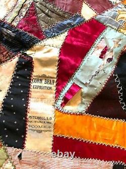 Antique Vintage Estate Found Crazy Quilt Patch Work Quilt with Corn Belt Ribbon
