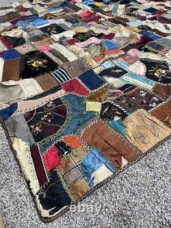 Antique Vintage Fabric 1800s CRAZY Quilt BEAUTIFUL Needlework Embroidery