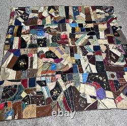 Antique Vintage Fabric 1800s CRAZY Quilt BEAUTIFUL Needlework Embroidery