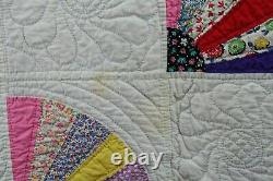 Antique Vintage Handmade Fan Cotton Quilt 78 By 104 Pink Backing