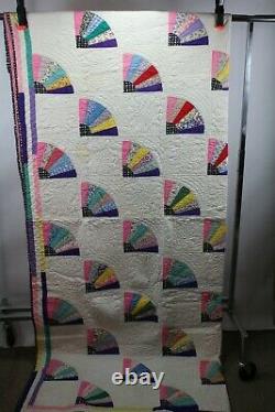 Antique Vintage Handmade Fan Cotton Quilt 78 By 104 Pink Backing