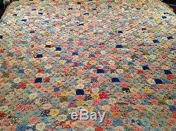 Antique Vintage Handmade Feedsack YOYO QUILT 86x94 Bed Cover Multicolor Coverlet