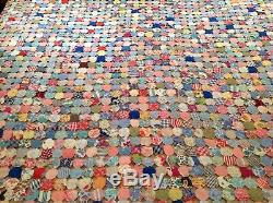 Antique Vintage Handmade Feedsack YOYO QUILT 86x94 Bed Cover Multicolor Coverlet