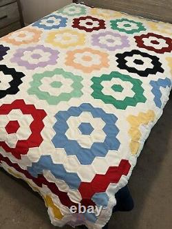 Antique Vintage Handmade Granny's Garden Quilt 95x67 Bright GREAT Condition