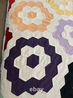 Antique Vintage Handmade Granny's Garden Quilt 95x67 Bright GREAT Condition