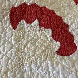 Antique Vintage Handmade Hand Quilted quilt 77x77 Queen Red Beige White Striking