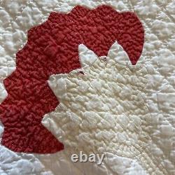 Antique Vintage Handmade Hand Quilted quilt 77x77 Queen Red Beige White Striking