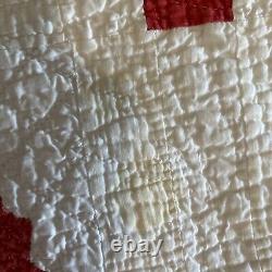 Antique Vintage Handmade Hand Quilted quilt 77x77 Queen Red Beige White Striking