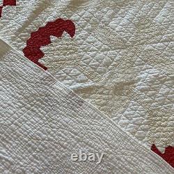 Antique Vintage Handmade Hand Quilted quilt 77x77 Queen Red Beige White Striking