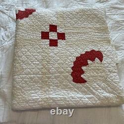 Antique Vintage Handmade Hand Quilted quilt 77x77 Queen Red Beige White Striking