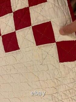 Antique Vintage Handmade Irish Chain Patchwork Quilt Red & White 64 X 84