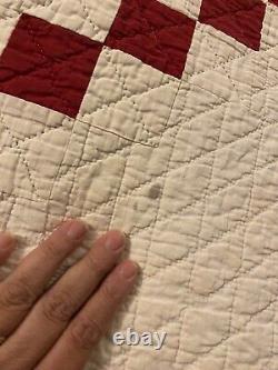 Antique Vintage Handmade Irish Chain Patchwork Quilt Red & White 64 X 84