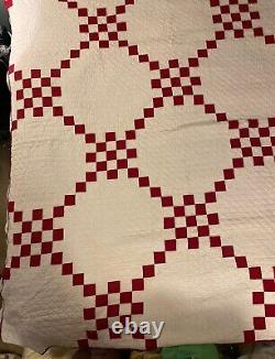 Antique Vintage Handmade Irish Chain Patchwork Quilt Red & White 64 X 84