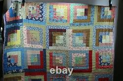 Antique Vintage Handmade Log Cabin Cotton Quilt 64 By 80 Purple Backing